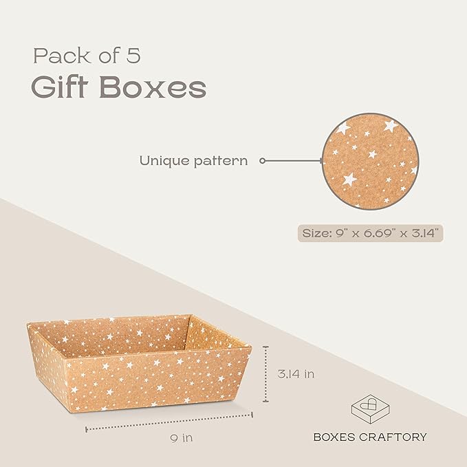 Pack of 5 Empty Sturdy Gift Basket Made in Italy - Ideal for Party, Wedding and Any Occasion - 9" x 6.69" x 3.14" Havana - Stars