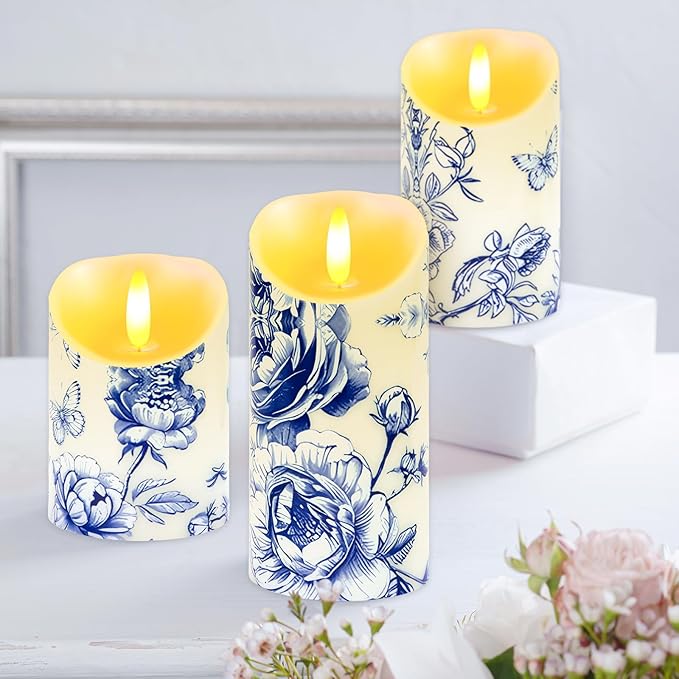 3 Pcs Blue and White Flameless Candles Wedding Table Centerpiece Chinoiserie Candles Blue White Floral Printed Faux Candles with Remote Timer for Wedding Home Holiday Table Decor