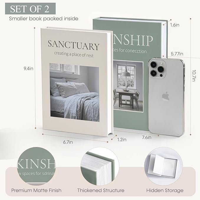 Faux Book Stacks for Decoration (Set of 2) - Decorative Books with Storage for Shelf Decor - Organic Modern & Biophilic Living Room Accents - Sanctuary & Kinship (Sage Moss Green & Beige)