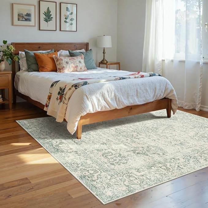 Rugxara Washable Area Rug for Living Room, Vintage Boho Rugs for Office, Dining Room, Kids Room, Farmhouse, Durable Low Pile Non Slip Carpet for High Traffic Areas, Light Green(4x6ft)