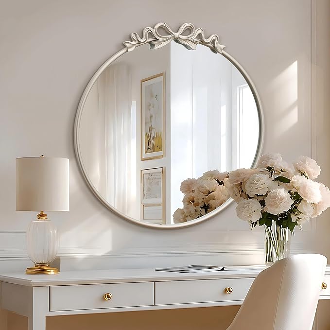 Besdomus Antique Large Wall Mirror: 27" Champagne Silver Bow Vintage Wall Mounted Mirror - Baroque Traditional Ornate for Fireplace/Bathroom/Living Room - Wall Decor for Teen Girl
