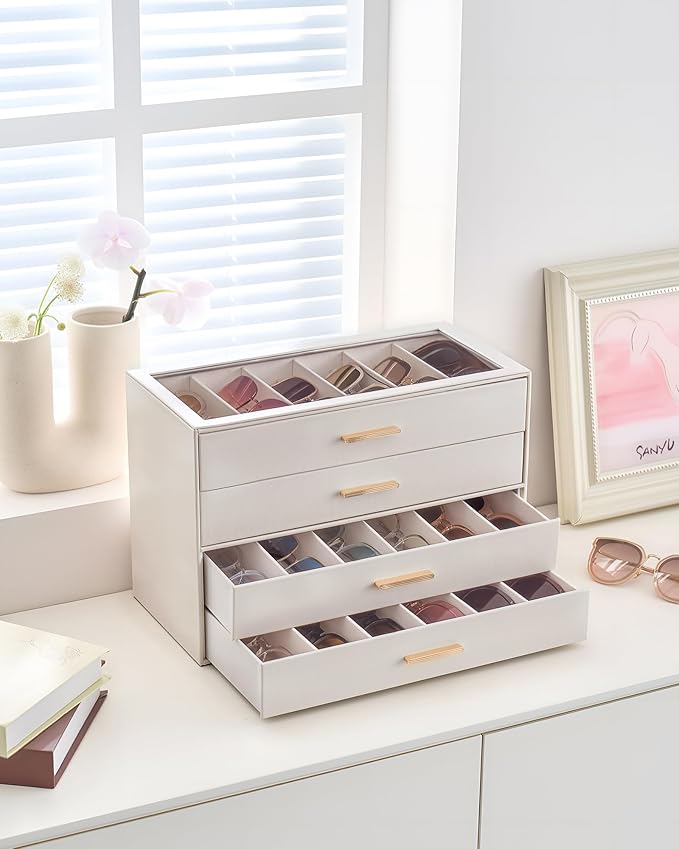Lolalet Sunglasses Storage Box for Women, Eyewear Eye Glass Organizer with Clear Top Display Holder Case, Mothers Day Gifts