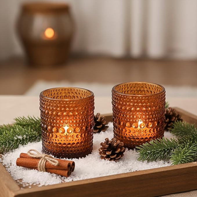 24pcs Amber Votive Candle Holders for Table, 2x2.5in Vintage Glass Small Tea Light Candles Holders for Home Decor, Tealight Candle Holder Decor for Wedding Centerpieces Baby Shower