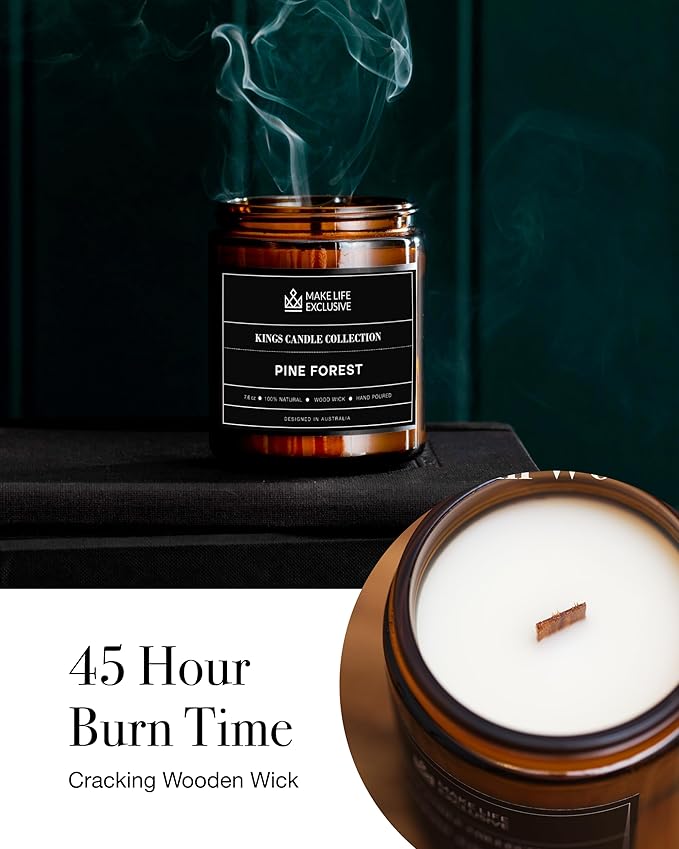 Scented Candles for Men | Pine & Cedar Scented | Wooden Wick, Long Lasting, Masculine Scents | Natural Soy Jar Candle for Home, Bachelor Pad Decor | The Perfect Mens Gift.
