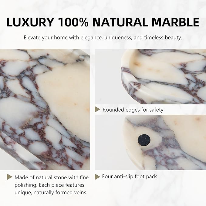 Luxury Natural Oval Marble Tray – 9.8 x 4.9-Inch Calacatta Viola Stone Vanity Tray, Small Catchall Organizer for Jewelry Perfume Keys, Decorative Trinket Tray for Bathroom Coffee Table & Dresser
