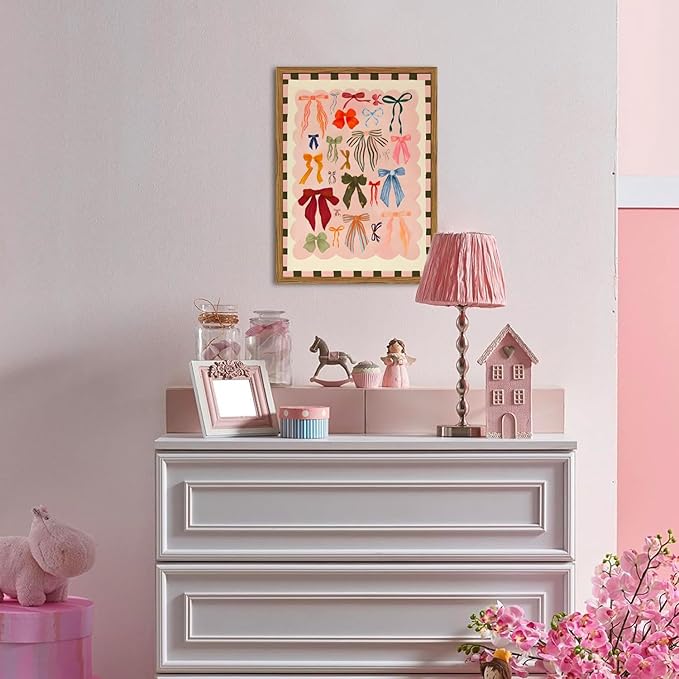 Framed Pink Wall Art, Coquette Colorful Bow Pictures Wall Decor, Trendy Preppy Paintings Canvas Prints Girly Home Decor Aesthetic for Girls Living Room Bedroom Dorm 12x16 inch