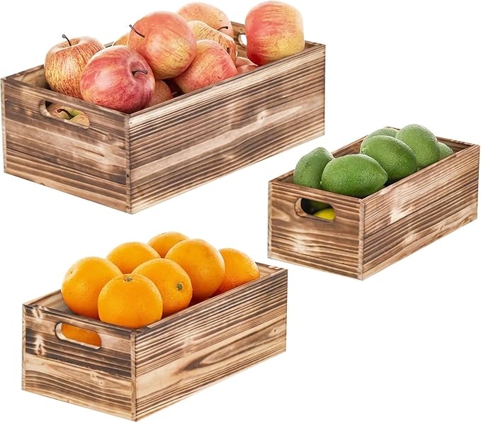 Set of 3 Wooden Boxes for Storage Small Crates for Display and Organizing, Farmhouse Style Storage Boxes for Crafts, Decor, Home Pantry and Living Room
