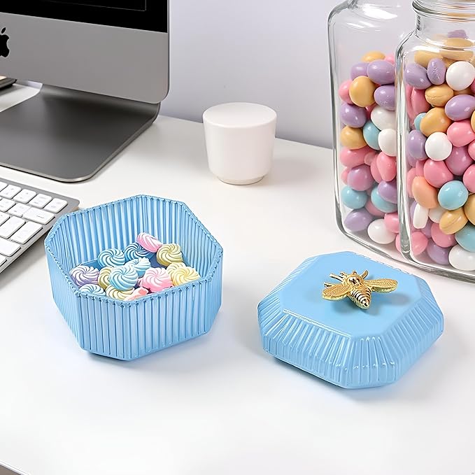 Cute Glass Candy Box - Glass Jar with Lids for Storage Candy Cookie, Vintage Candy Jar Candy Dish for Office Desk Buffet,3.34x3.34x2.68 H IN-GRB020-Blue