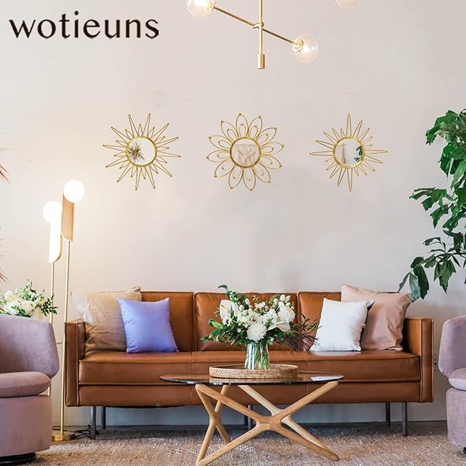 Mirror Wall Decor Gold Mirrors for Wall Metal Sunburst Mirrors Home Decoration Wall Art Decorative Mirror Suitable for Living Room Bedroom Entrance Set of 3