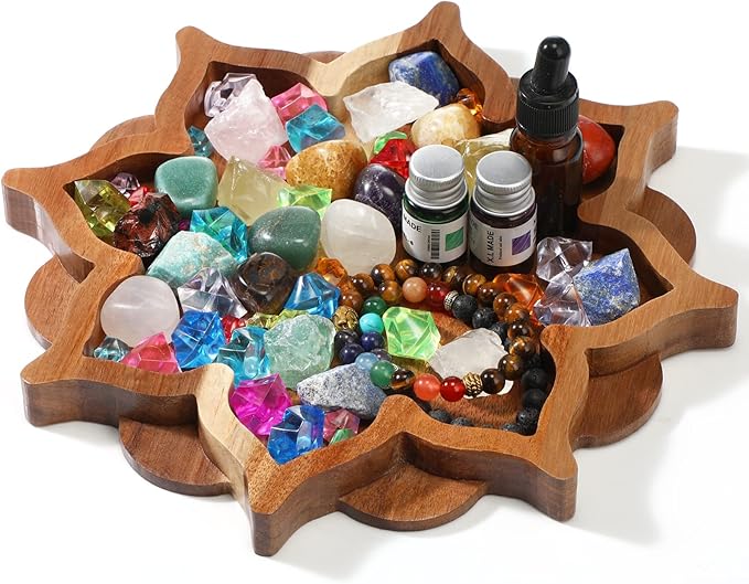 Vesici Lotus Crystal Tray for Stones Crystals and Healing Stones Flower Wooden Crystal Storage Holder Tray Lotus Shape Decorative Jewelry Display Trays Organizer Bowl Decor(Elegant)