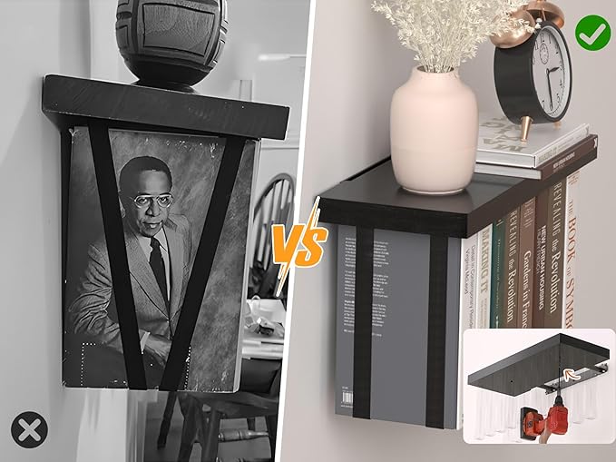 Tohiasen Floating Book Shelves for Wall Mounted Set of 2, Wood Hanging Bookshelf, Book Display Shelf for Wall, Unique Space Saving Book Shelf Wall Book Holder (Black)