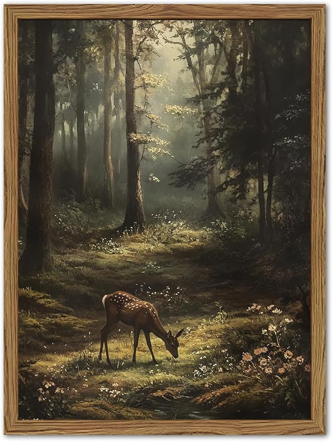 Framed Vintage Forest Deer Canvas Wall Art, Rustic Nature Landscape Paintings Wall Decor, Woodland Animal Pictures Prints Cottagecore Home Decor for Living Room Bedroom Office 16x24 inch