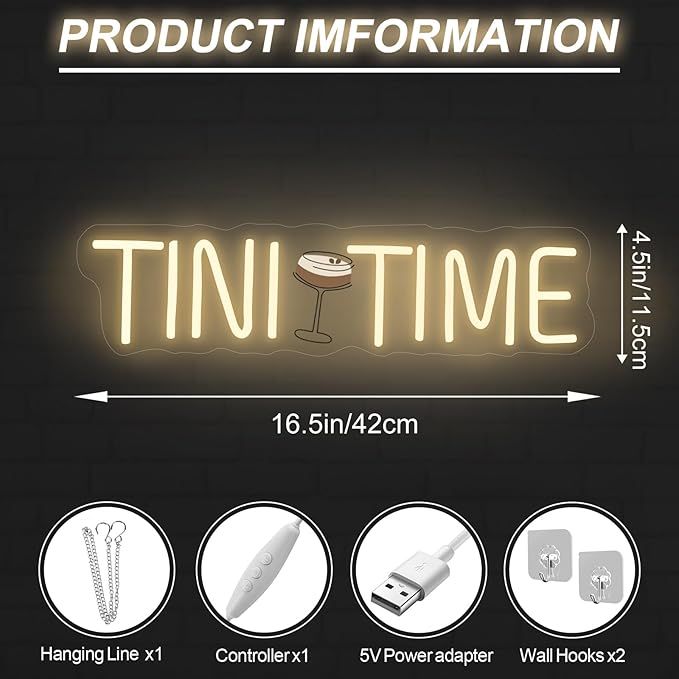 Tini Time Neon Sign, Espresso Martini LED Decor, Home Bar Party Decoration, Beer LED Light, Espresso Martini Time Lover, Bachelorette Party Decor, 16.5"x4.5"