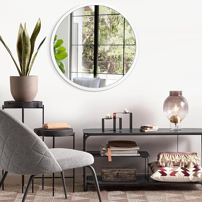 JJUUYOU Round Mirror White Circle Mirror 20 Inch Bathroom Mirror with Metal Frame, Mirrors for Bedroom, Wall, Living Room, Vanity, for Modern Minimalist Home Decor