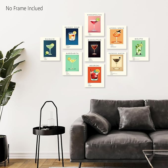 Retro Cocktail Poster Bar Wall Art, Classic Cocktail Wall Decor Set of 12 Vibrant Colorful Preppy Alcohol Prints, Minimalist Alcohol Pictures for College Apartment Wall Decor (8x10 Inches Unframed)