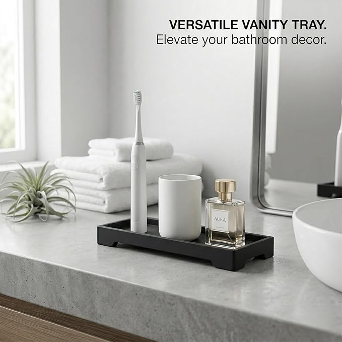 Countertop Vanity Tray - Silicone Bathroom Sink Organizer & Kitchen Soap Tray, Footed Anti-Slip Design, Waterproof Caddy for Perfume, Jewelry, Makeup, Bottle, Oil, Sponge Holder, Black (L10 x W 4.2")