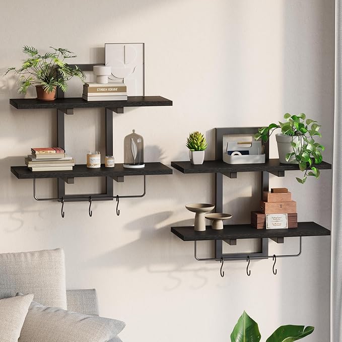 Creso hom Floating Shelves, 15" Wall Shelf Set of 2, Hanging Bathroom Shelves 2-Tier, Wall Mounted Storage Shelves, for Living Room Bedroom Bathroom Kitchen Office Coffee Bar, Black