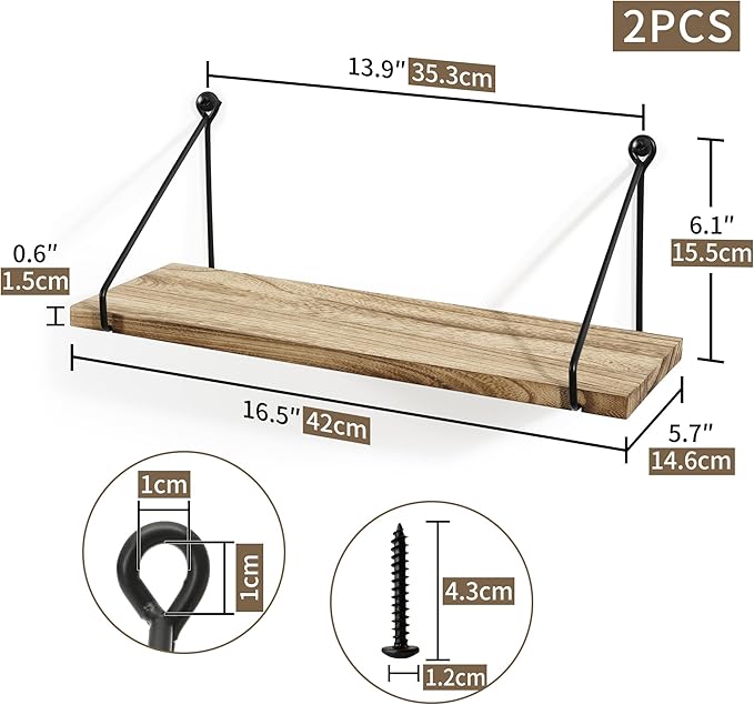 Sapowerntus Floating Shelves Wall Mounted Shelf Rustic Light Wood Bathroom Bedroom Kitchen Hanging Storage Organizer with Triangle Metal Brackets Farmhouse Living Room Office Home Decor Set of 2
