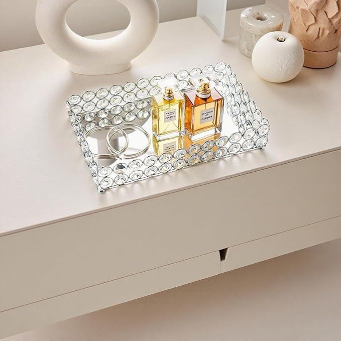 Feyarl Crystal Perfume Tray Cosmetic Makeup Vanity Tray Jewelry Trinket Rings Earrings Organizer Decorative Tray Storage for Home Deco Wedding Dresser Coffee Tabletop Girl Women Gift(10" x 6 "Silver)