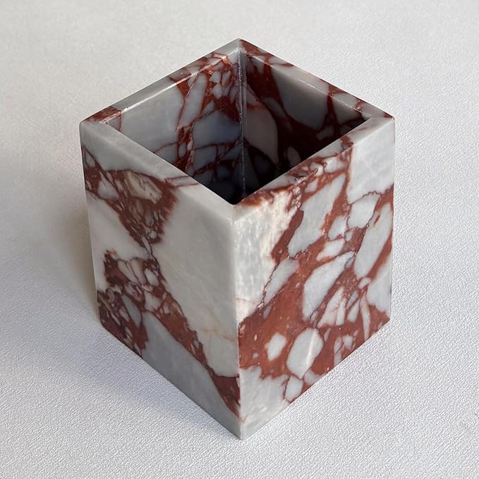 Natural Marble Stone Square Storage Container Empty Vessel Holder Cup for Candle/Pens/Sundries items (Calacatta Red)