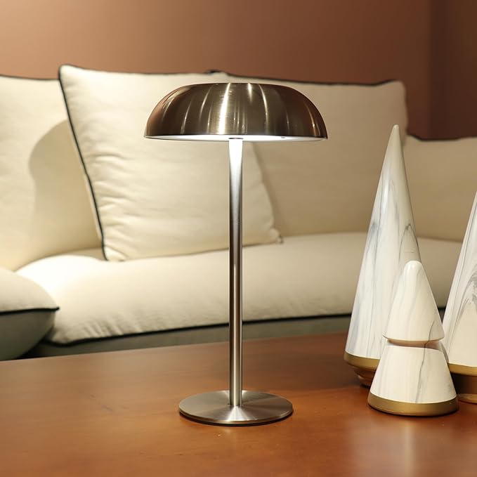 Portable Mushroom Table Lamp with 5200mAh Battery, 11'' Cordless LED Night Light with Stepless Dimming, 3 Color Modes & Adjustable Height for Bedroom/Patio/Bar Decor/Coffee Shop Ambiance (Silver-tall)