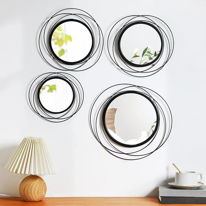 Hicarer 4 Pcs Decorative Round Modern Circle Mirror Wall Art Ring Metal Mirror Wall Mounted for Bedroom, Living Room, Entryway, Dining Room, Hallway (Black)