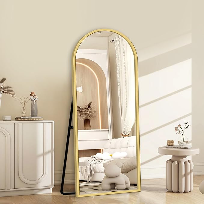GlasFlength 56" x 18" Full Length Mirror with Stand, Arched Aluminum Alloy Frame, Versatile Standing, Hanging, or Leaning Wall/Floor Mirror for Bedroom, Living Room, or Entryway, Gold