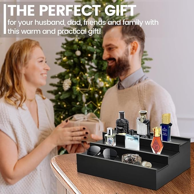 Wooden Cologne Organizer for Men - 3 Tier Cologne Stand Perfume Organizer with Hidden Compartment, Black Elevated Cologne Display Shelf for Organizing and Storing,Watch and Jewelry,Gift for Father