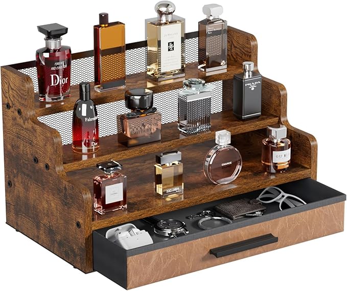 Yuzehuaza 3 Tier Cologne Stand with Drawer, Wooden Cologne Organizer for Men/Women, Retro Perfume Stand Organizers, Display Riser Shelf Holder for Skincare and Makeup Organizers, Rustic Brown