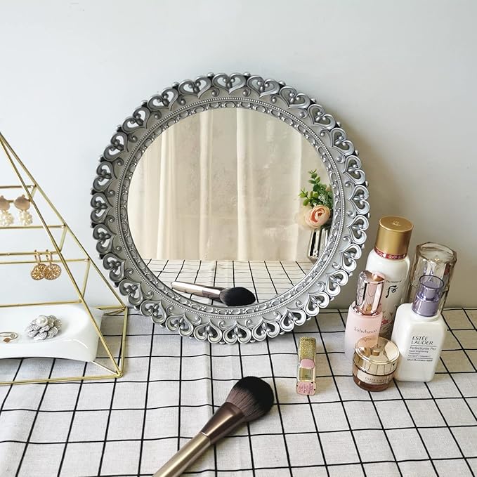 YANIZU Decorative Mirror Tray, Round Hollowed Out Design, Organizer for Makeup, Jewelry, Perfume, Vintage Display and Serving Tray for Dresser, Counter and Coffee Table, 12''X 12'', Silver