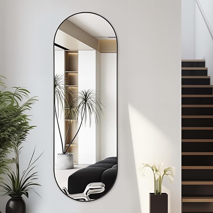 Niccy 65"×22" Oval Full Length Mirrors, Long Wall-Mounted Mirror with Aluminum Frame, Large Body Mirrors for Living Room, Explosion-Proof Hanging Wall Mirror for Bathroom Bedroom Entryway Decor, Black