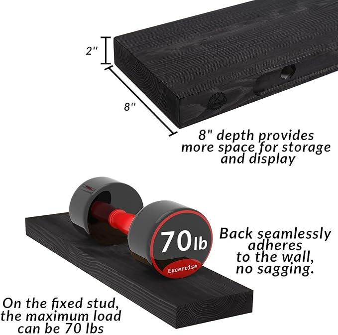 24 Inch Floating Shelves,8-in Deep High-End Solid Wood Floating Shelves for Wall Set of 2,Black Floating Shelves for Bathroom Bedroom Kitchen, with Sturdy Hidden Bracket, Black