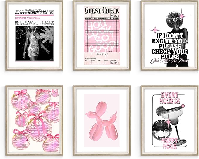 Habseligkeit Pink Fashion Wall Art Prints, Trendy Cute Wall Art Posters for Room Decor Aesthetic, Unique Room Decor for Girls Dorm, Framed, 8x10in, Set of 6