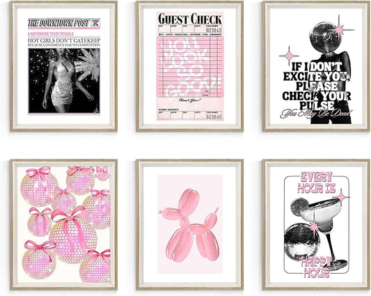 Habseligkeit Pink Fashion Wall Art Prints, Trendy Cute Wall Art Posters for Room Decor Aesthetic, Unique Room Decor for Girls Dorm, Framed, 8x10in, Set of 6