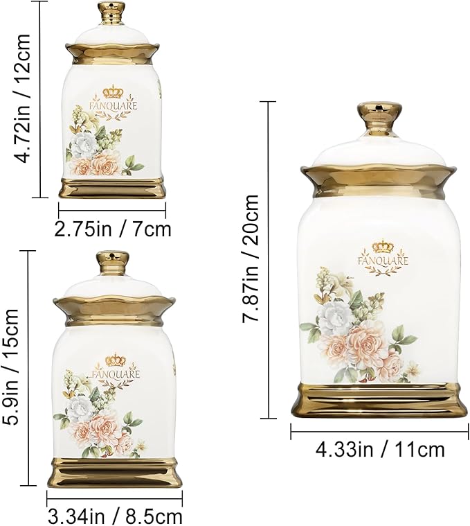 fanquare Floral Canisters with Gold Trim, Ceramic Decorative Countertop Jars, Farmhouse Porcelain Cookie Jar and Sugar Bowl Set with Airtight Lid