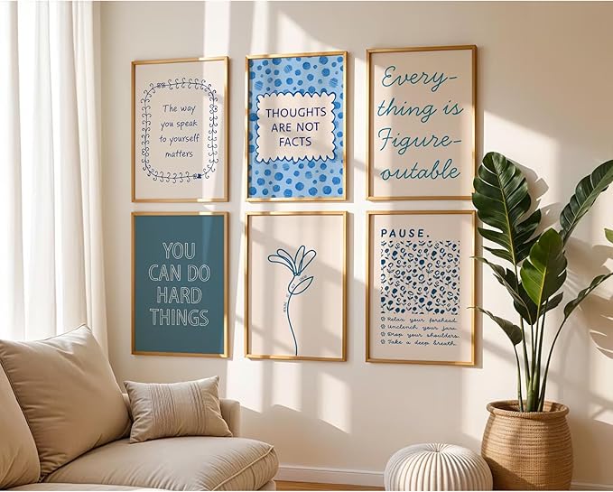 Mental Health Wall Decor Therapy Office Canvas Wall Art Posters Blue Boho Motivational Picture Psychology Artwork Inspirational Positive Quotes Prints for Counseling Office 8x10 Inch Unframed 6Pcs