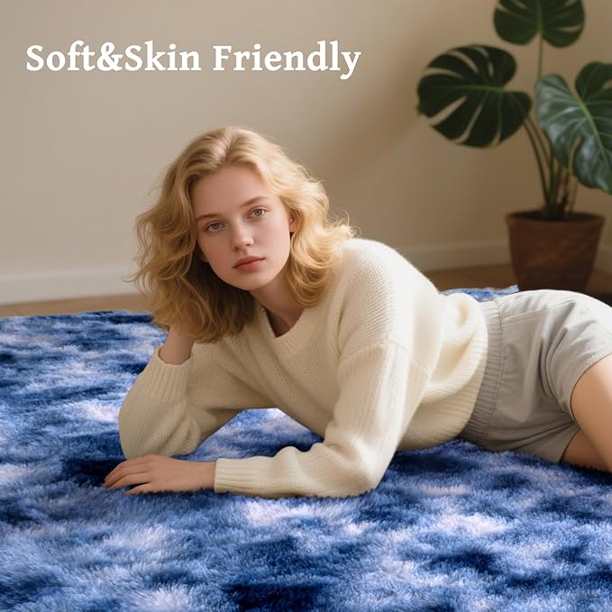 6x9 ft Fuzzy Rug for Living Room Soft Fluffy Blue White Bedroom Area Rugs Non-Slip Shaggy Carpet for Nursery Kids PlayRoom Dorm Office Indoor Modern Plush Carpets
