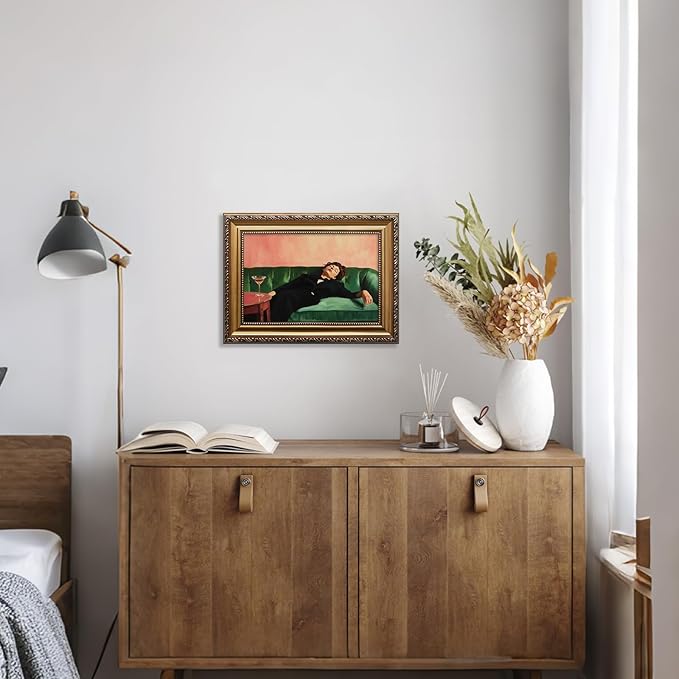 KBKBART Vintage Gold Framed Wall Art, Moody Wall Decor, Funky Victorian Woman on Couch with Martini Picture Canvas Paintings Artist for Bedroom Living Room Home Office Bathroom Decor 9x12Inch