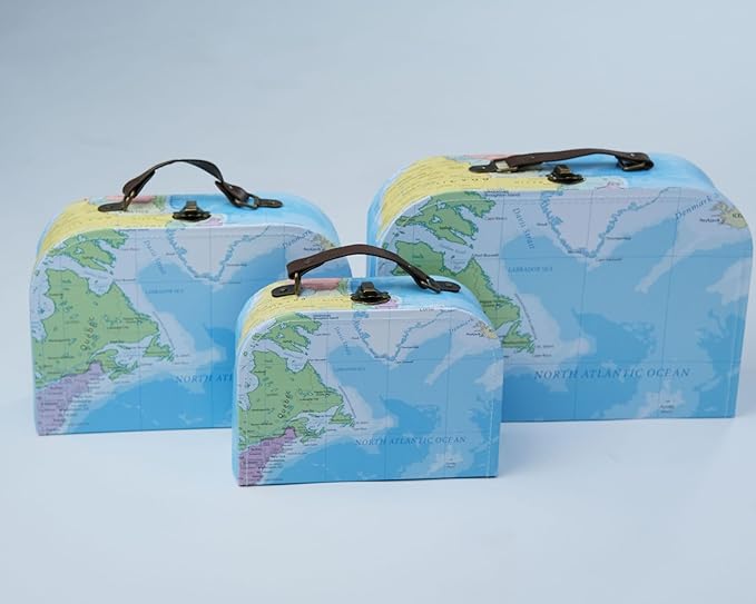 wald imports - Set of 3 Paperboard Suitcases -Decorative Storage Boxes - Suitcase Set for Decoration, Storage, and More (Blue Map)