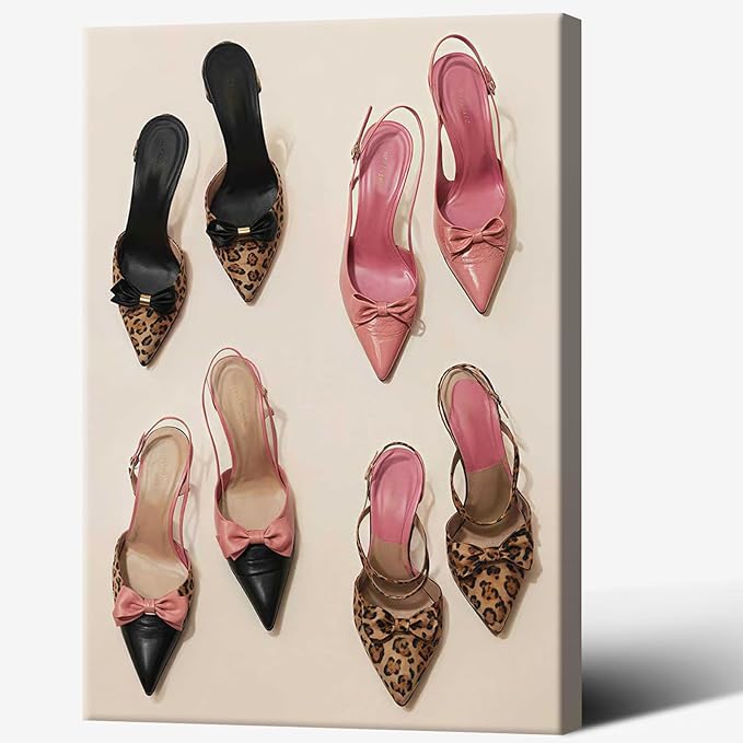 Pink Heel Leopard Posters Trendy Bow Leopard Heels Canvas Wall Art Coquettish Preppy Girly Decor Pink Sexy Aesthetic Prints Painting For Dormitory Bedroom Apartment 12x16in Wrapped Canvas