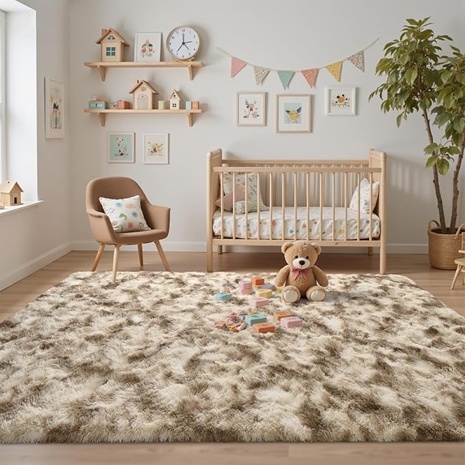 4x6 Area Rugs for Bedroom, Khaki Plush Fluffy Shaggy Living Room Rugs Non-Slip, Ultra Soft Carpet for Nursery Kids PlayRoom Dorm Office Indoor
