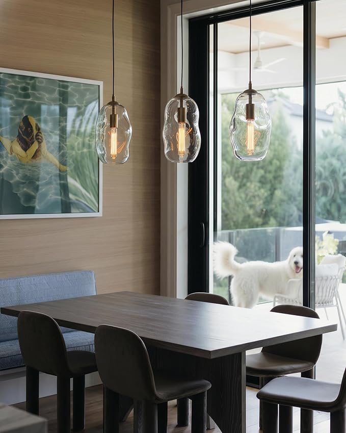 CASAMOTION Large Pendant Lights Modern Kitchen Island Lighting Blown Art Glass Gold and Clear Hanging Light for Dining Table Foyer Bedroom Entryway Hallway Lamp 12" Inch 1 Pack
