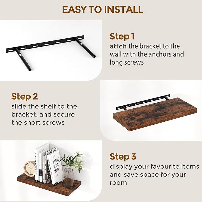 16 Inch Long Floating Shelves, 9.3 Inch Deep Floating Shelf for Wall, Living Room, Kitchen, Rustic Deep Wood Shelves for Bathroom, 2 Pack Storage Display Shelf for Books, Decor, Rustic Brown