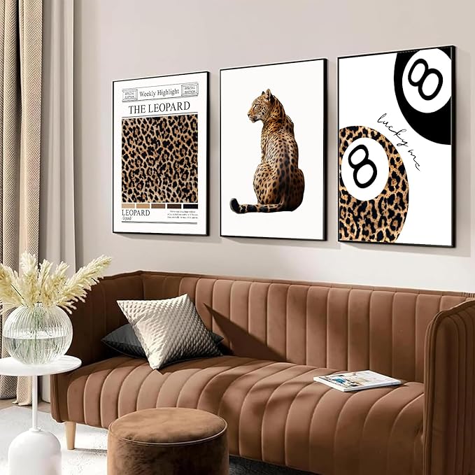 Set of 3 Trendy Leopard Wall Art Funky Lucky 8 Ball Posters Prints Preppy Room Aesthetic Cheetah Wall Decor Pictures for Girls Bedroom Apartment Dorm Unframed 12x16in