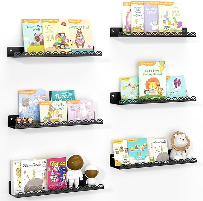 Nursery Book Shelves, Metal Floating Shelves for Wall 6 Pack, Black Scalloped Shelf, Wall Mounted Book Shelf for Kids Rooms, Baby Bookcase, Nursery Decor.