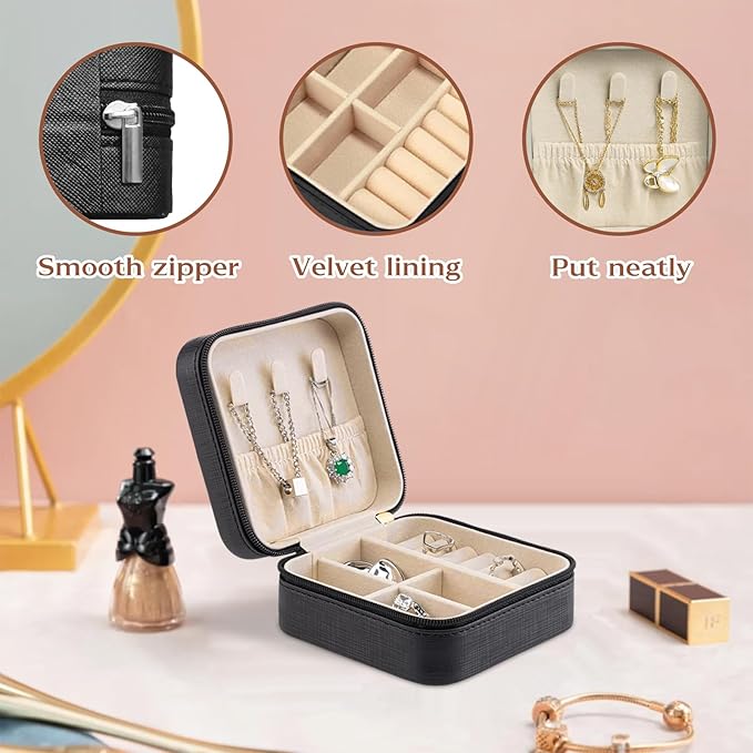Travel Jewelry Case with Compact Mirror, Eiffel Tower Pink Rose Exquisite PU Leather Jewelry Boxes for Women and Gril, Best Gifts for People Who Travel - Dainty Jewelry Organizer