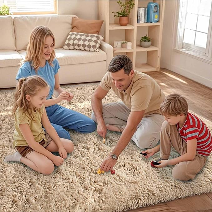 FinRèc 5x7 Feet Tan Rugs for Bedroom Living Room, Fluffy Plush Area Rug, Non-Slip High Pile Shaggy Rug for Kids Room Dorm Room Home Decor, Indoor Solid Shag Floor Carpet