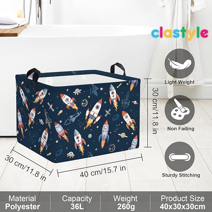 Clastyle Cosmic Space Kids Book Storage Basket Planet Clothes Laundry Basket Parents Gift Toy Box for Bedroom Shower, Rocket, 40x30x30 cm