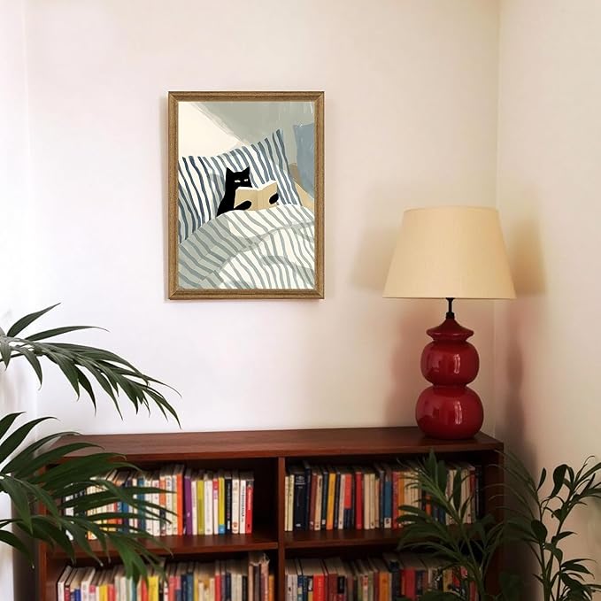 Fantasy Artists Reading Black Cat on Bed Wood Framed Wall Art, Easy to Hang Fade Resistant Art Prints, Perfect for Bedroom Living Room Bathroom Home Office Wall Decor, 12x16 Inches