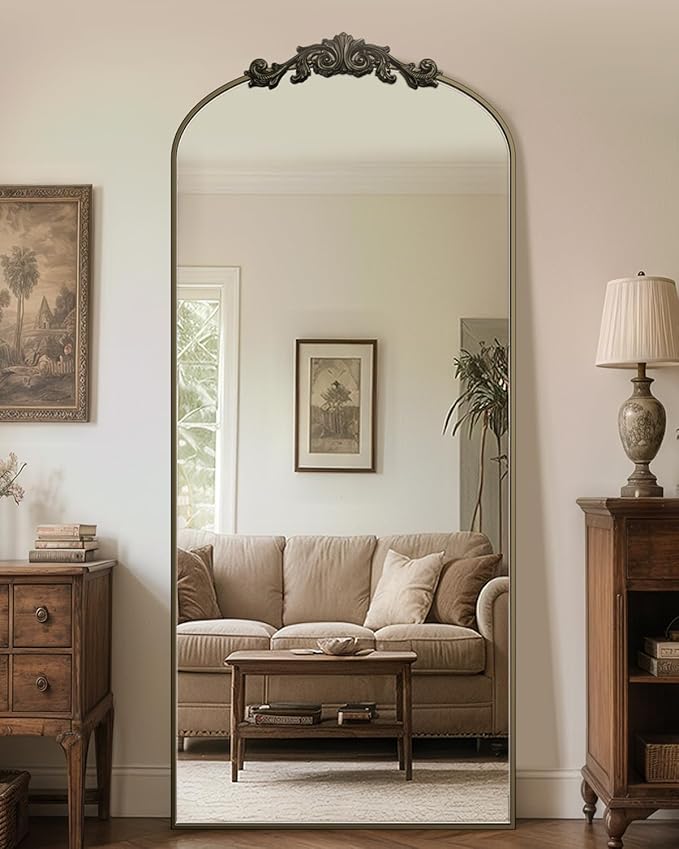 Antok Arched Full Length Mirror, 71"x32" Floor Mirror with Carved, Full Body Mirrors for HomeDecor, Standing/Halling Large Wall Mirror for Bedroom, Living Room, Cloakroom, Bronze, Retro Style
